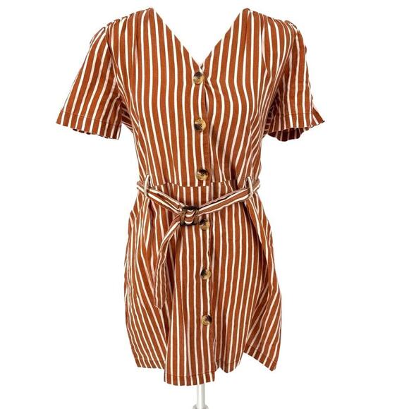 MNG Mango Rust White Vertical Stripe Button Front Belted Mini Dress Size M - Picture 1 of 10